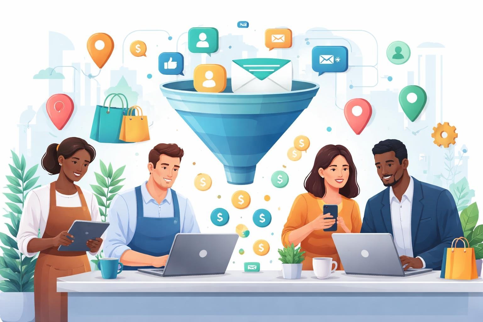 A group of local business owners using digital devices with a large funnel graphic showing lead generation and customer engagement symbols around them.