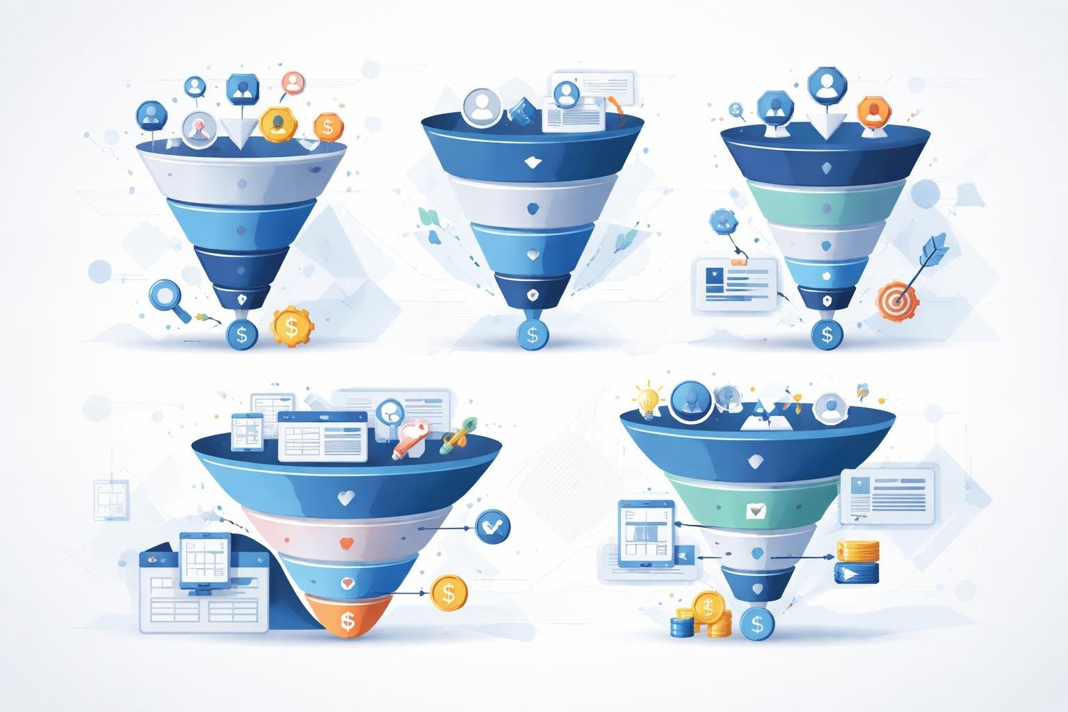 Illustration showing multiple sales funnels connected and progressing downward with icons representing web design elements around them.