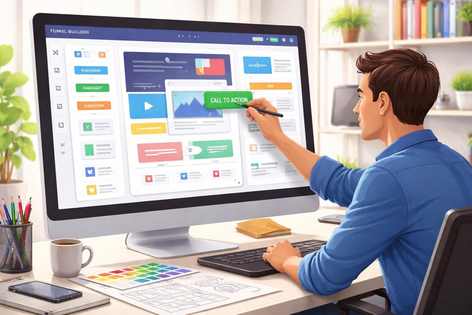 A web designer working at a desk, customizing funnel templates on a large computer screen in a bright workspace.