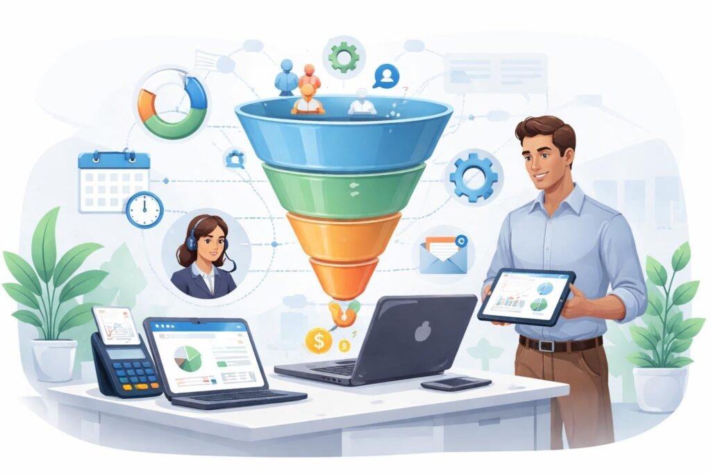 A business owner working with digital devices surrounded by icons representing service business tasks and a transparent marketing funnel overlay.
