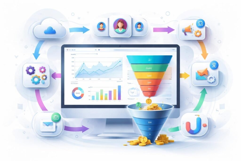 A computer screen showing SaaS analytics and user interface elements connected by arrows to icons representing cloud computing, user profiles, and marketing workflows, illustrating a sales funnel process.