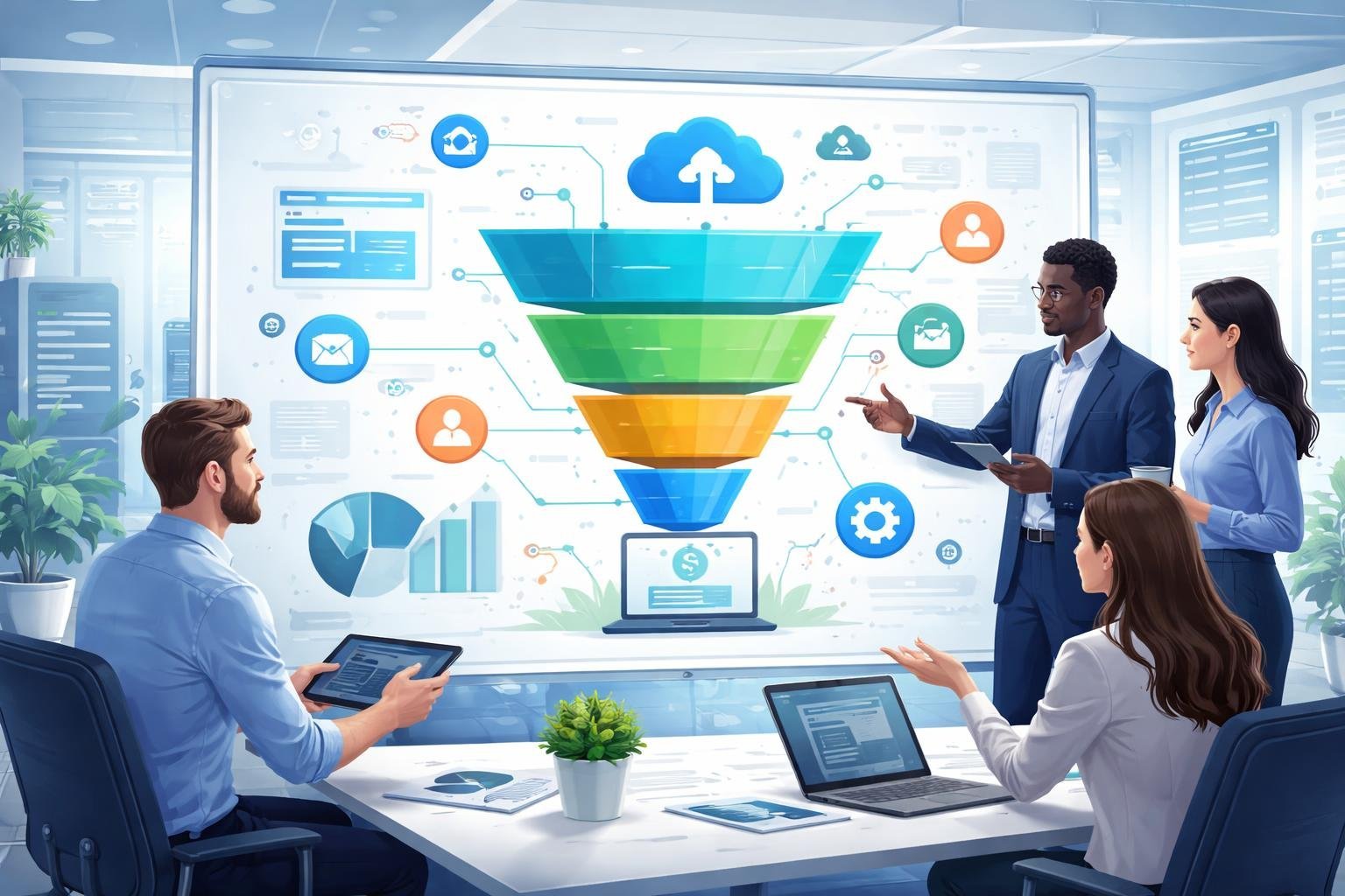 A team of professionals collaborating around a digital screen showing software sales funnel stages and technology icons in a modern office.