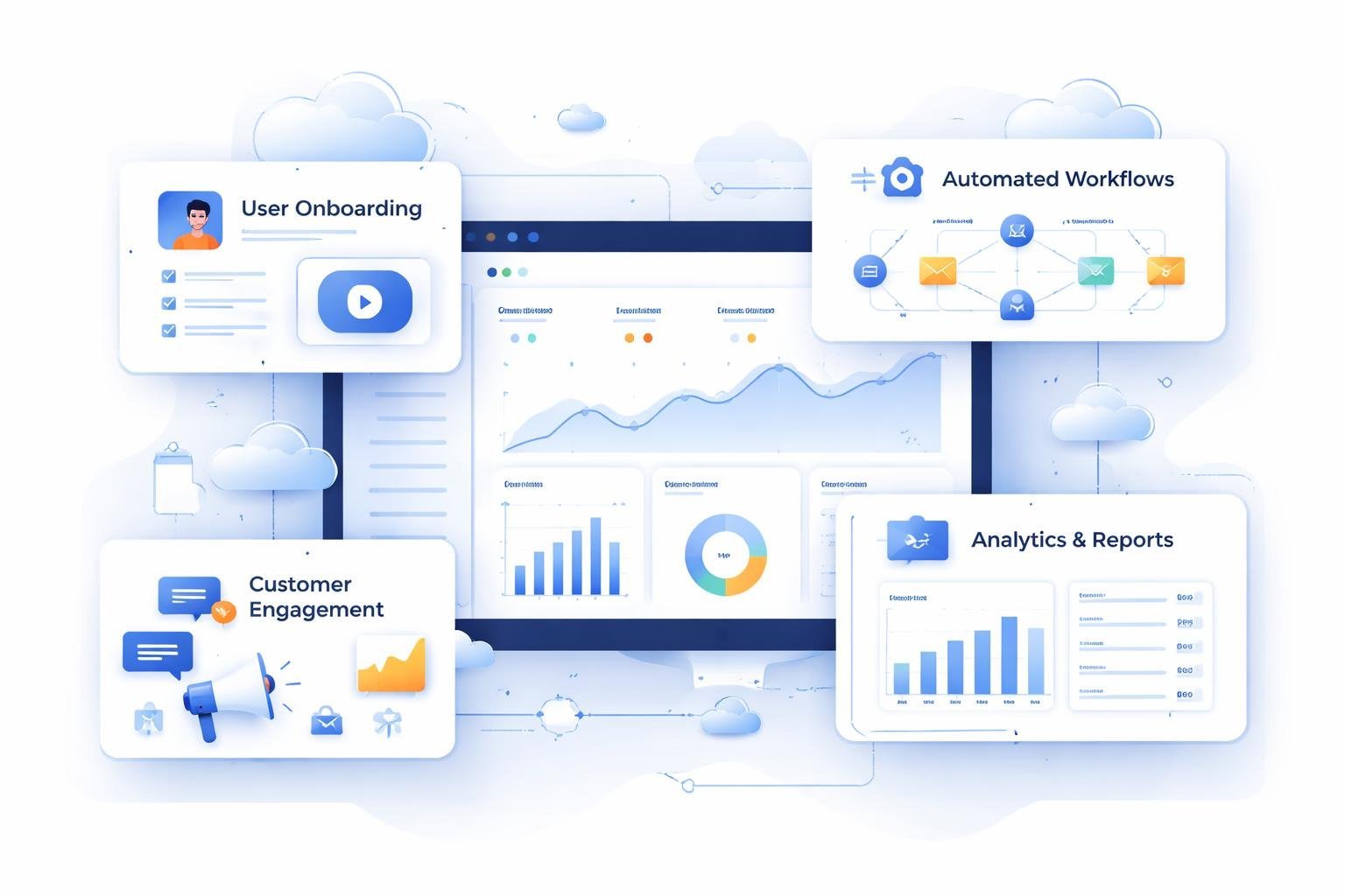 A digital dashboard showing interconnected modules for user onboarding, workflows, analytics, and customer engagement in a SaaS platform.