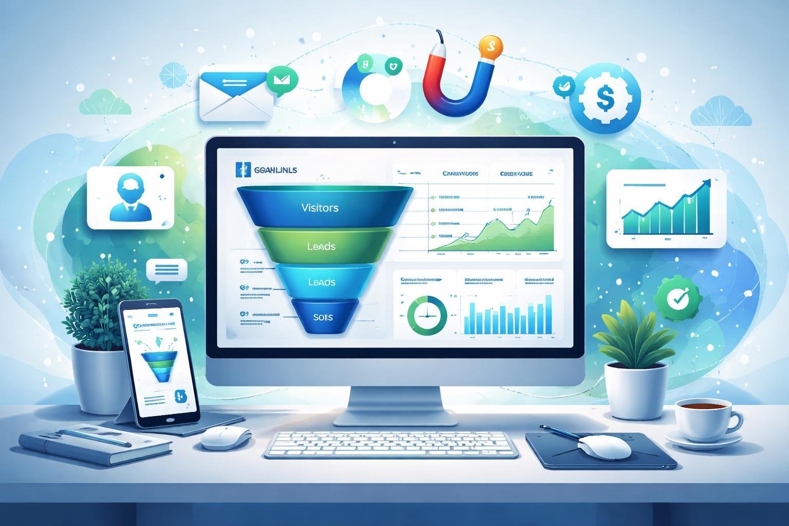 A workspace with a computer showing marketing and sales charts, surrounded by icons representing lead generation and conversion tools.