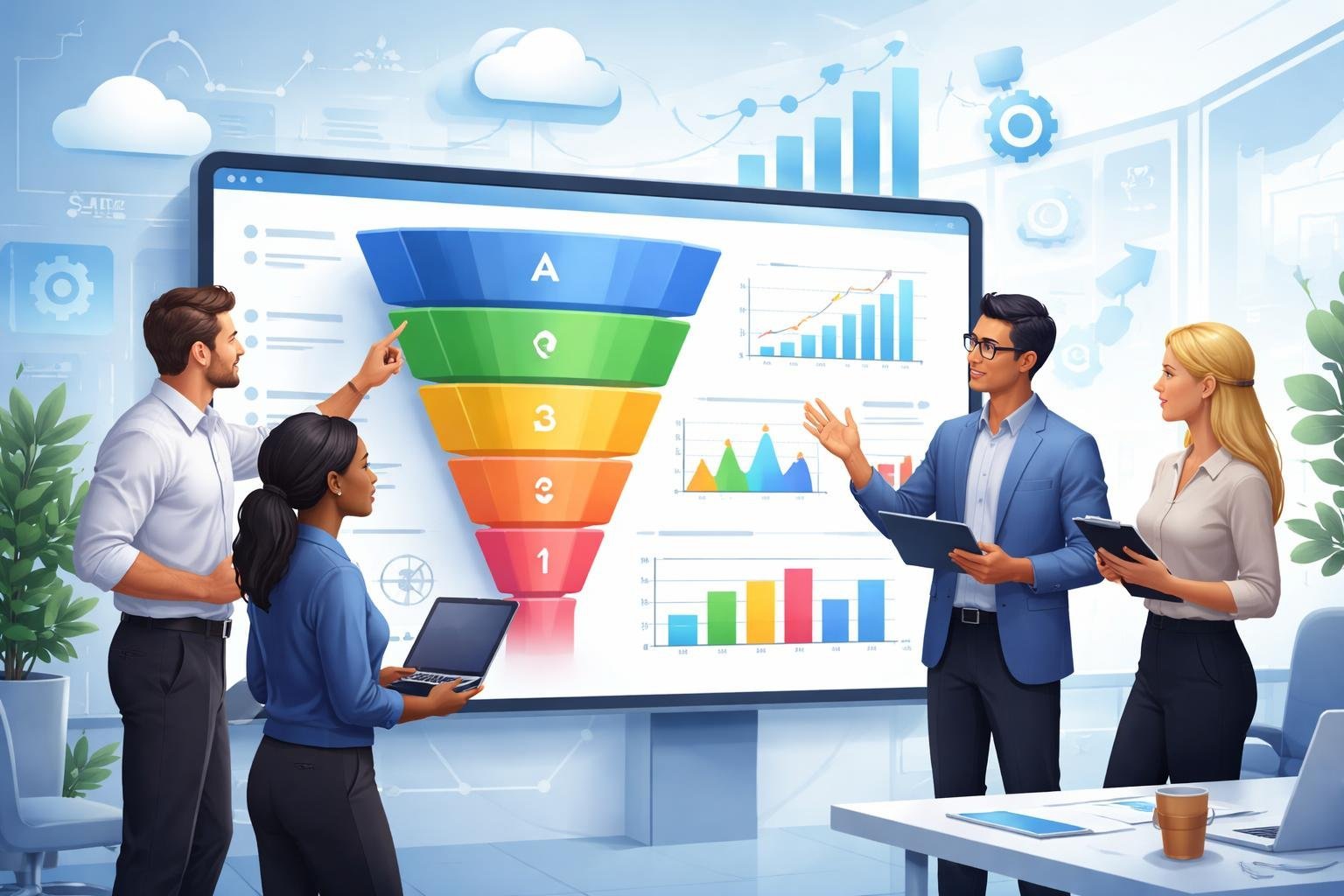 A group of professionals collaborating around a digital touchscreen showing marketing funnel charts and growth data in a modern office setting.