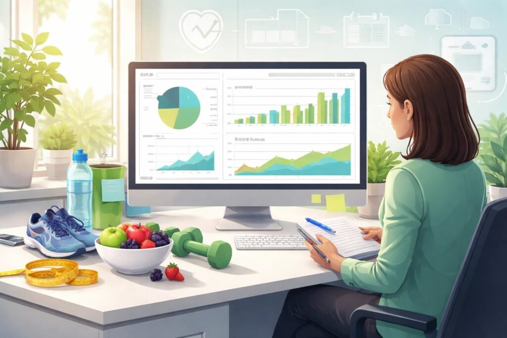 A person working at a desk with a computer showing weight loss charts, surrounded by fitness and health items like running shoes, a water bottle, and fresh fruits.