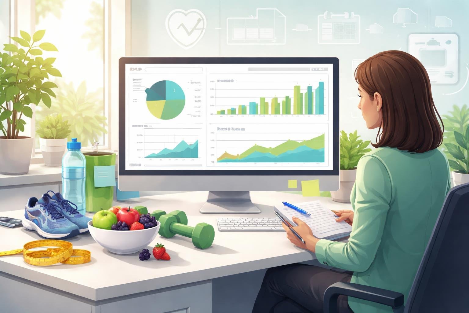 A person working at a desk with a computer showing weight loss charts, surrounded by fitness and health items like running shoes, a water bottle, and fresh fruits.