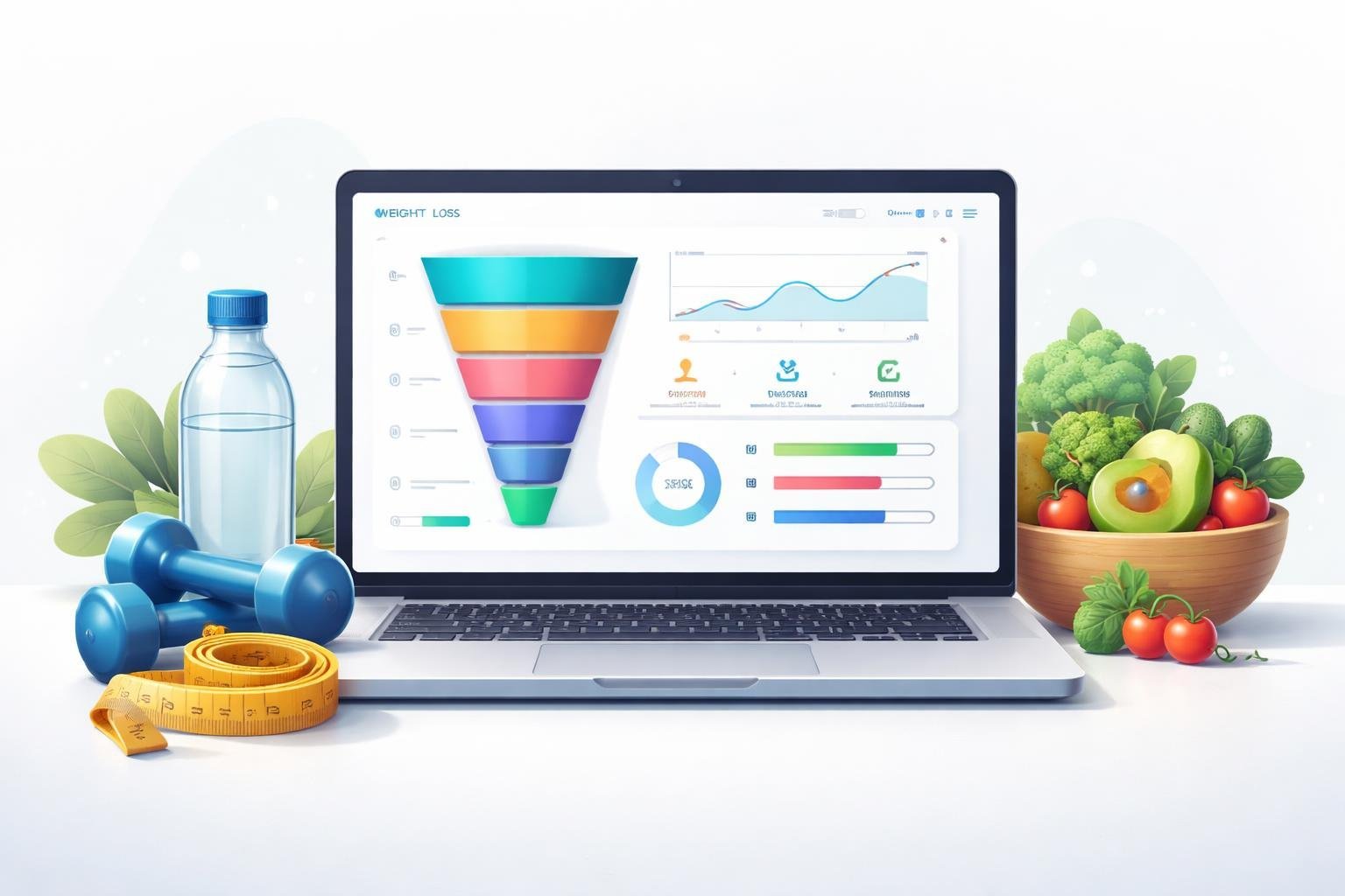 A computer screen showing a sales funnel surrounded by weight loss items like a measuring tape, dumbbells, and healthy food.