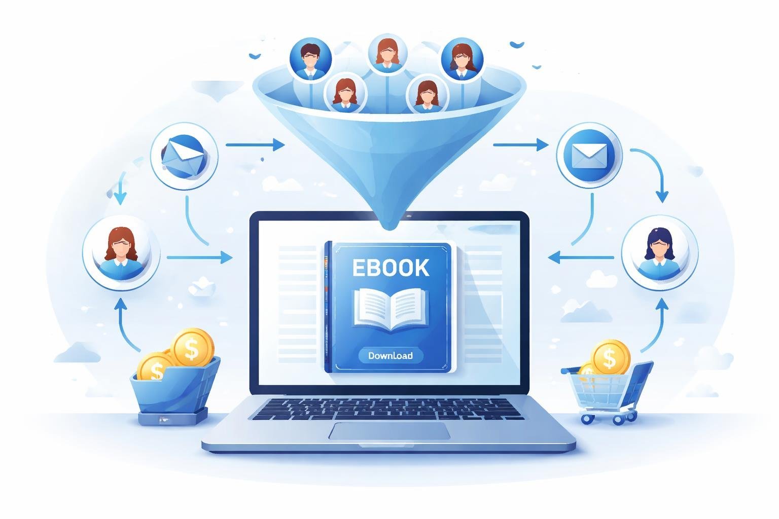 A laptop showing an ebook surrounded by icons representing email, users, and money connected by arrows illustrating an online sales funnel process.