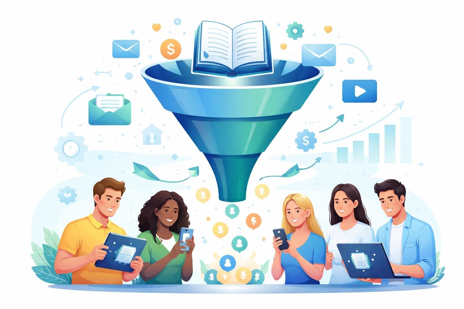 A digital funnel with an ebook entering at the top and happy users receiving the ebook at the bottom on various devices.