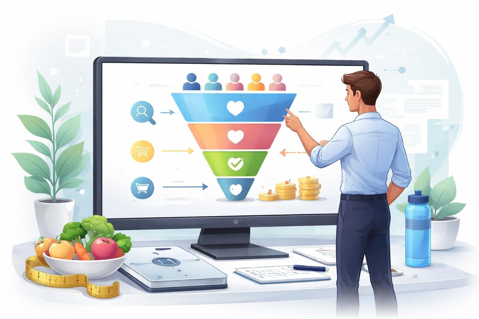 A business professional working at a computer displaying a weight loss sales funnel diagram surrounded by weight loss-related items like a scale, measuring tape, and healthy foods.