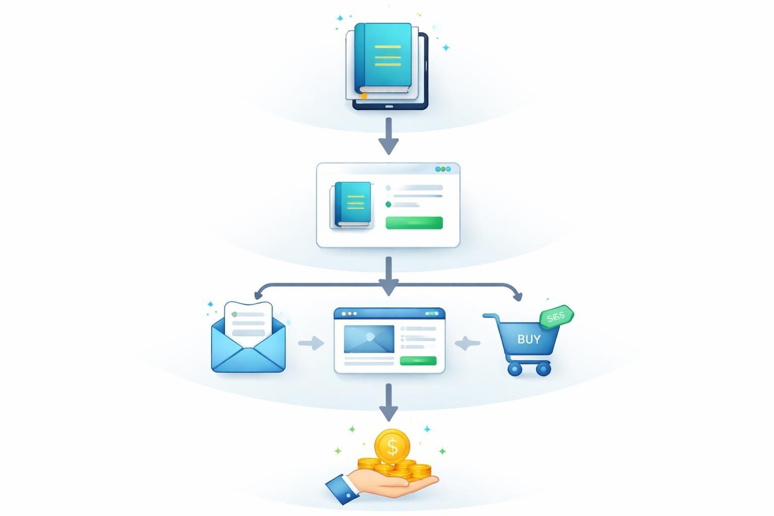 Illustration showing a multi-step book funnel flowchart with an ebook icon at the top, followed by a landing page, email follow-ups, sales pages, and a conversion icon at the bottom.