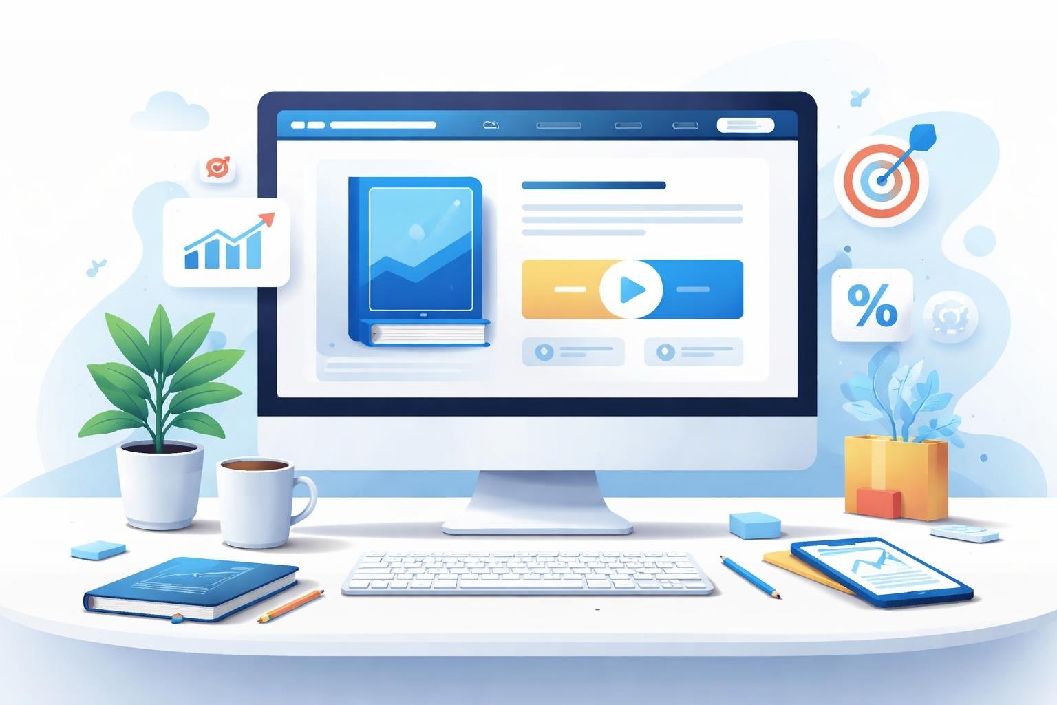 A digital workspace showing a computer screen with a clean ebook landing page layout and surrounding icons representing marketing and conversion metrics.
