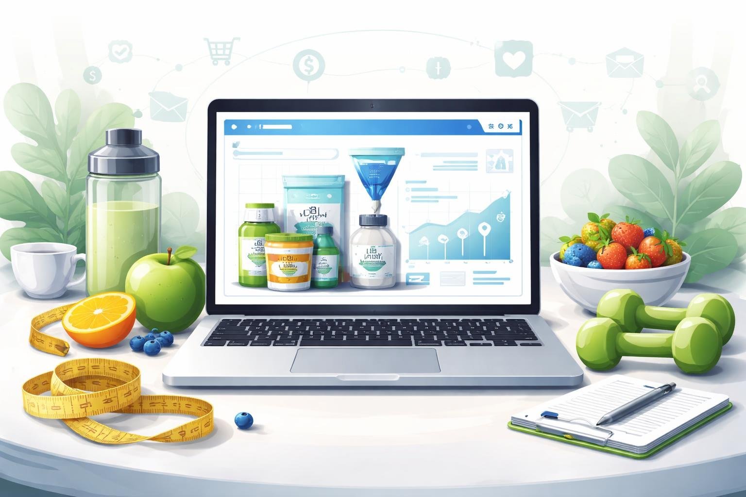 A workspace with a laptop showing sales data and images of weight loss products including supplements, workout plans, and fitness equipment, surrounded by healthy lifestyle items like fruits and dumbbells.