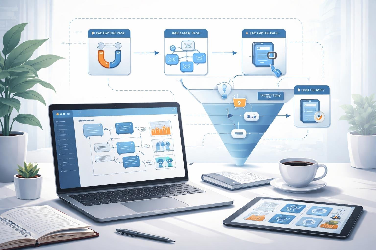A workspace with a laptop showing funnel diagrams, notebooks, a tablet with ebook designs, and a multi-stage funnel illustration in the background.