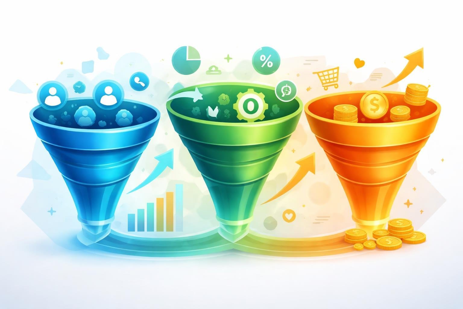 Three interconnected funnels representing different stages of a marketing process with icons of analytics and user engagement around them.