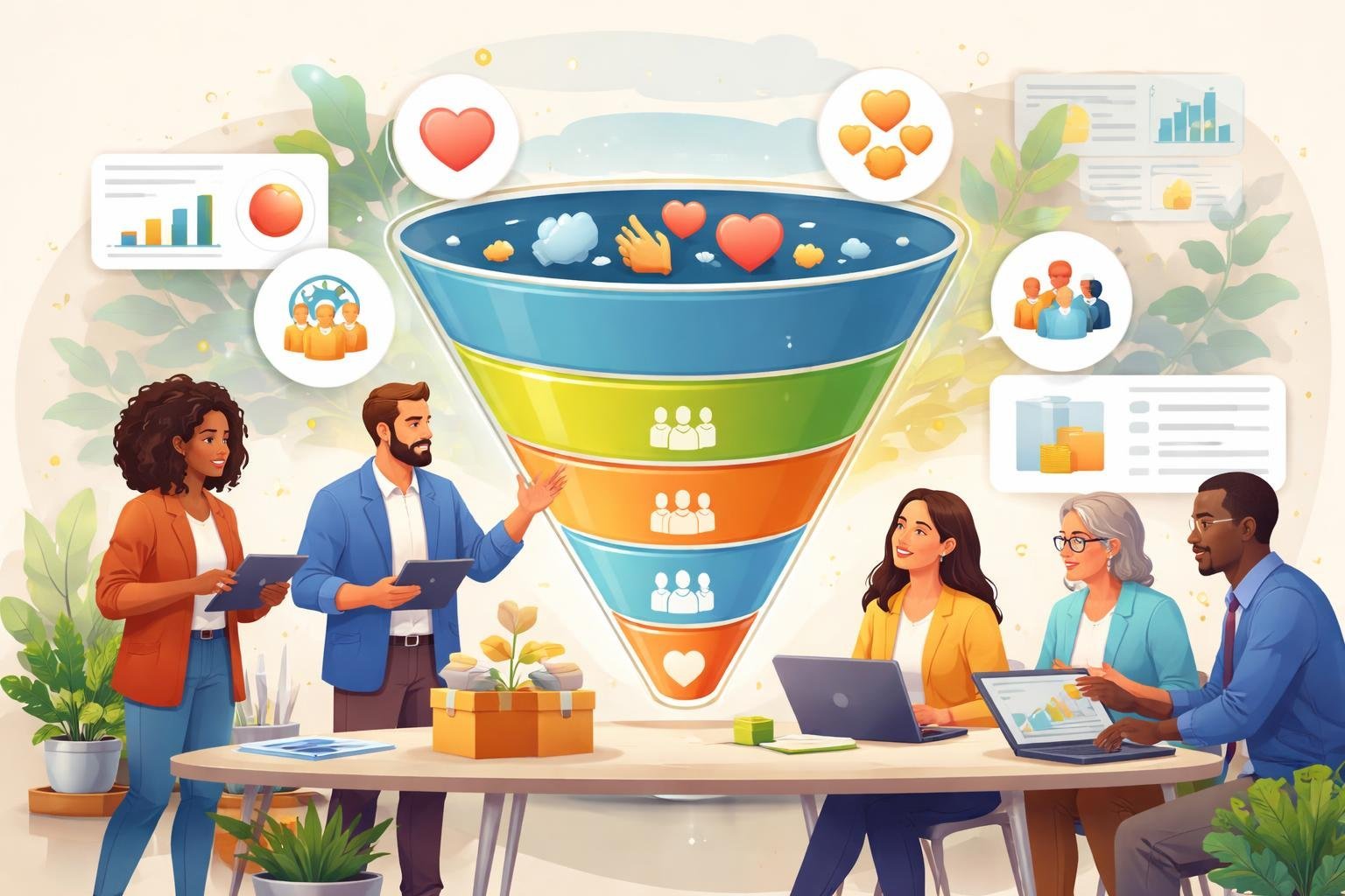 A group of nonprofit professionals working together around a large sales funnel diagram with icons representing donation and community support.