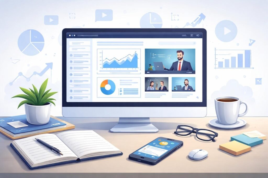 A workspace with a computer showing charts and video thumbnails, surrounded by a notebook, smartphone, coffee cup, and glasses, representing reviewing an online marketing platform.