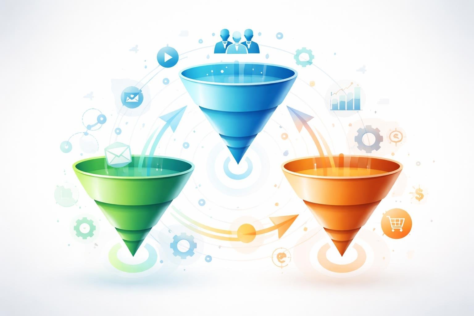 Three interconnected funnels arranged in a triangle with abstract digital icons around them representing marketing and sales processes.