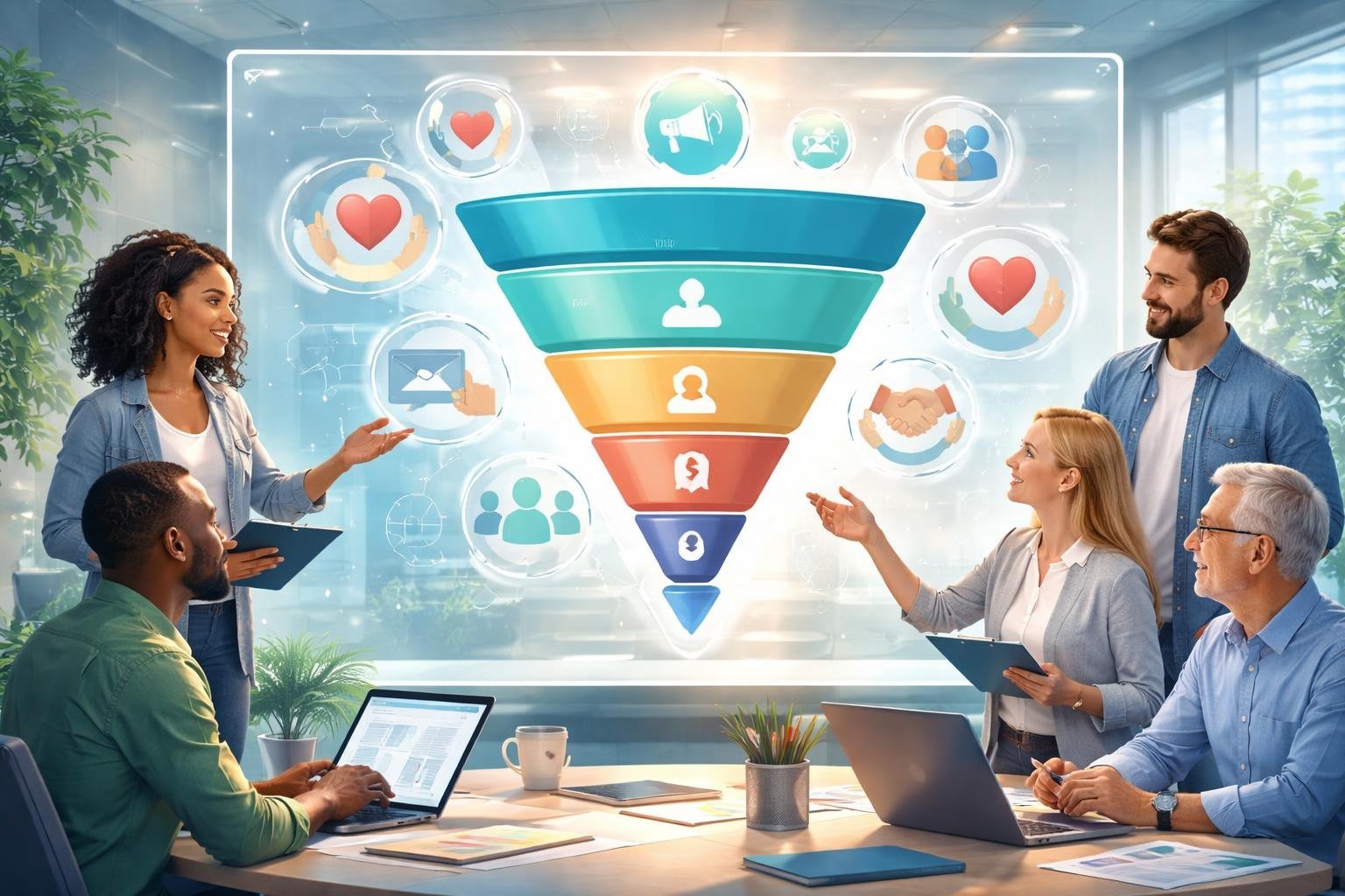 A group of people collaborating around a digital funnel diagram with charity and community symbols in a modern office setting.