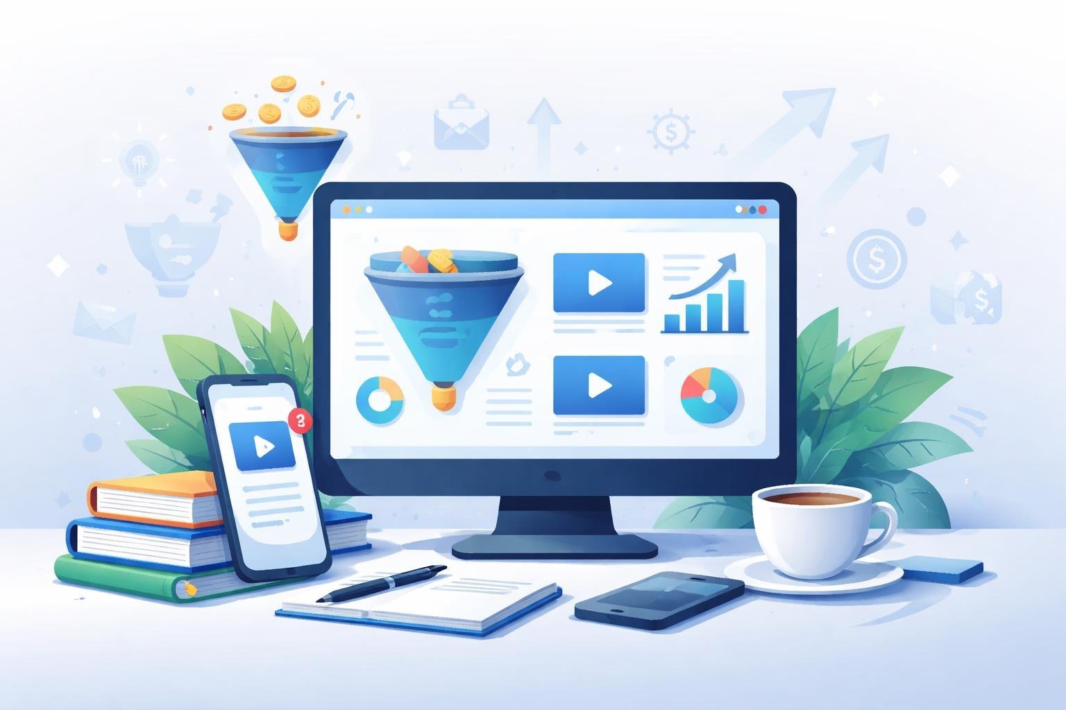 A modern digital workspace with a computer screen showing charts and video icons, surrounded by books, a coffee cup, and a smartphone, with marketing-related icons in the background.