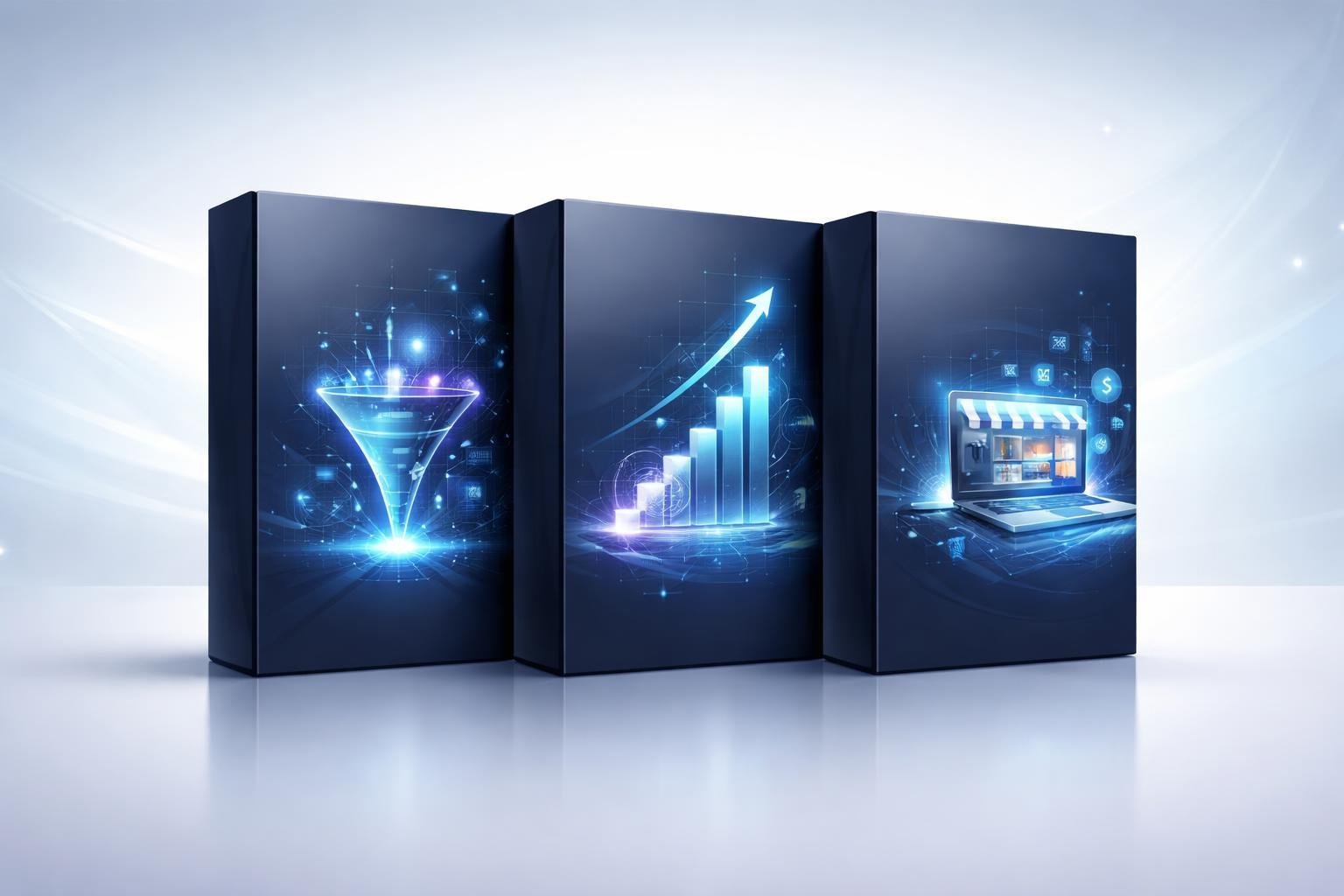 Three sleek software boxes arranged side by side on a clean surface, representing a digital marketing trilogy box set.