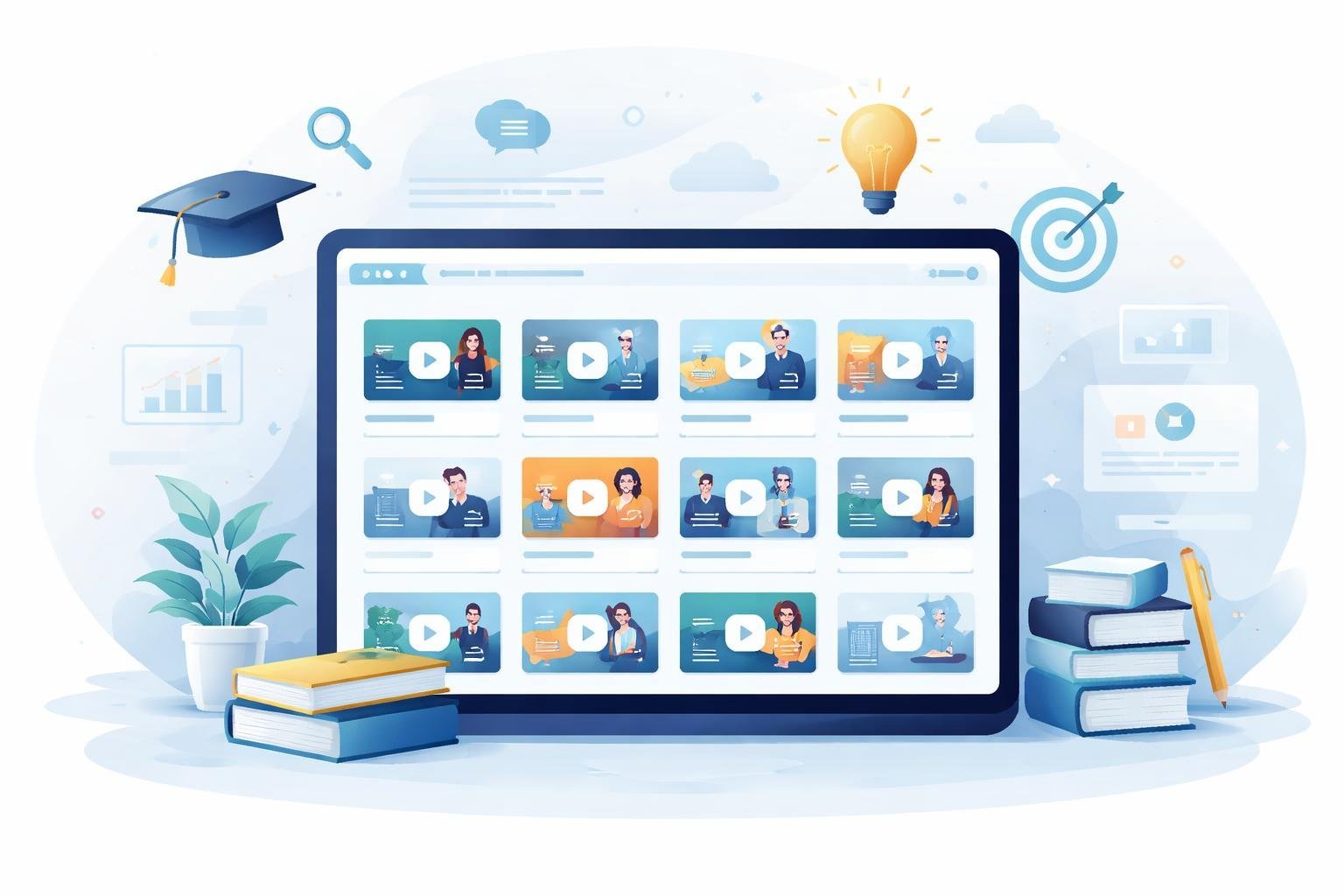 A digital device showing a dashboard with multiple course thumbnails surrounded by education-related icons like books and light bulbs.