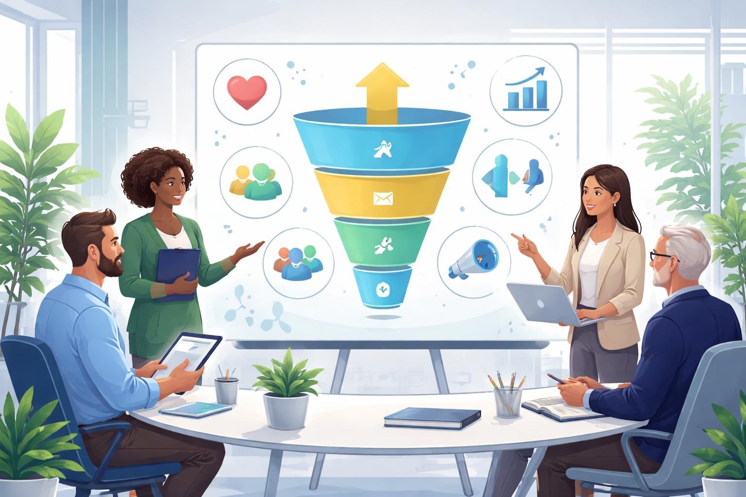 A group of nonprofit professionals collaborating around a digital funnel diagram showing stages of donor engagement, fundraising, volunteer recruitment, and impact tracking in a modern office setting.