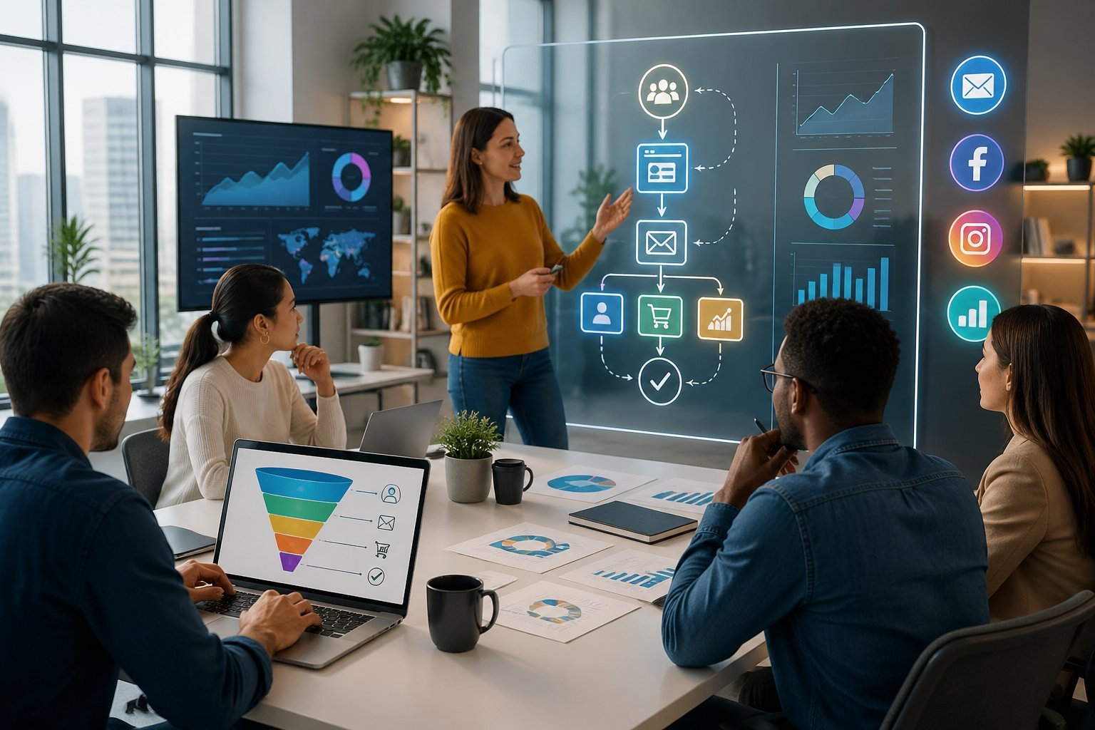 A team of professionals collaborating in a modern office with laptops and digital boards showing marketing funnels and charts.