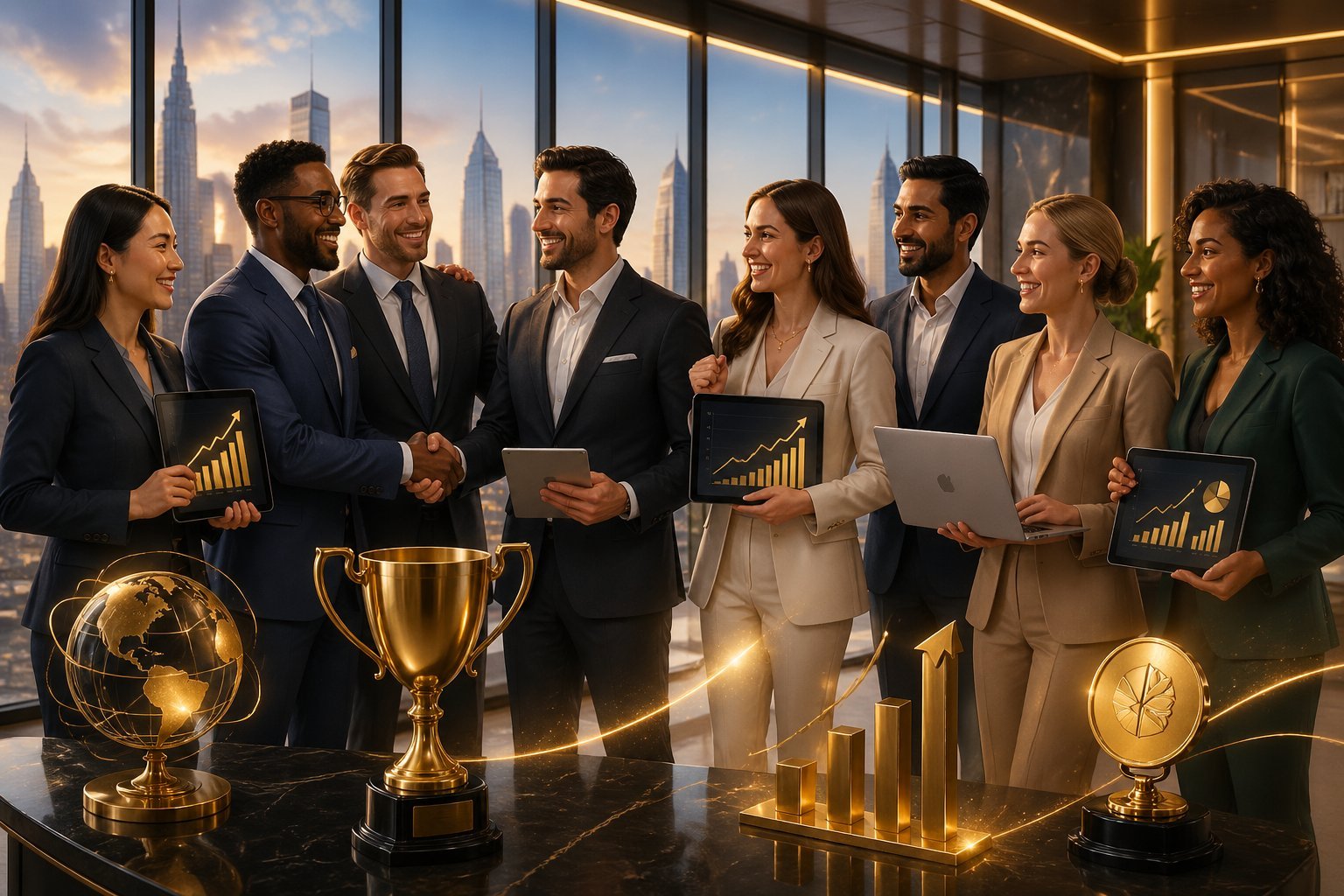 A group of eight successful businesspeople celebrating together in an office with city views, holding digital devices showing growth charts.