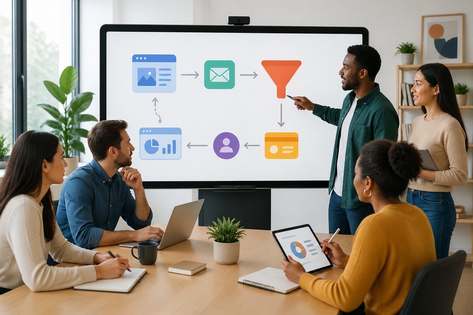 People working together around a large touchscreen display showing interconnected marketing icons in a bright office.