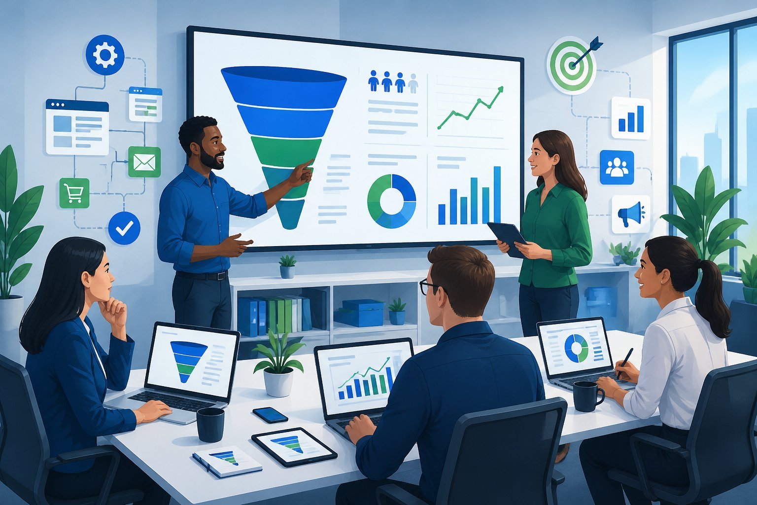 A team of professionals collaborating in an office with digital devices displaying marketing funnel diagrams and charts.