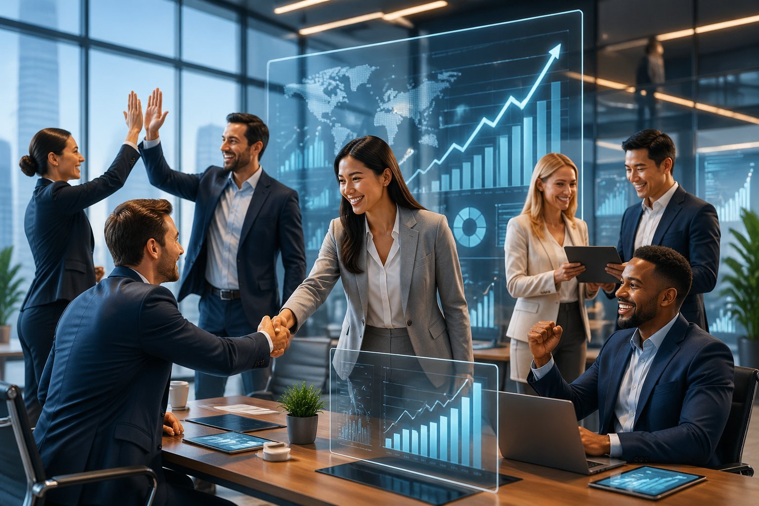 A group of business professionals celebrating success and reviewing charts in a modern office setting.