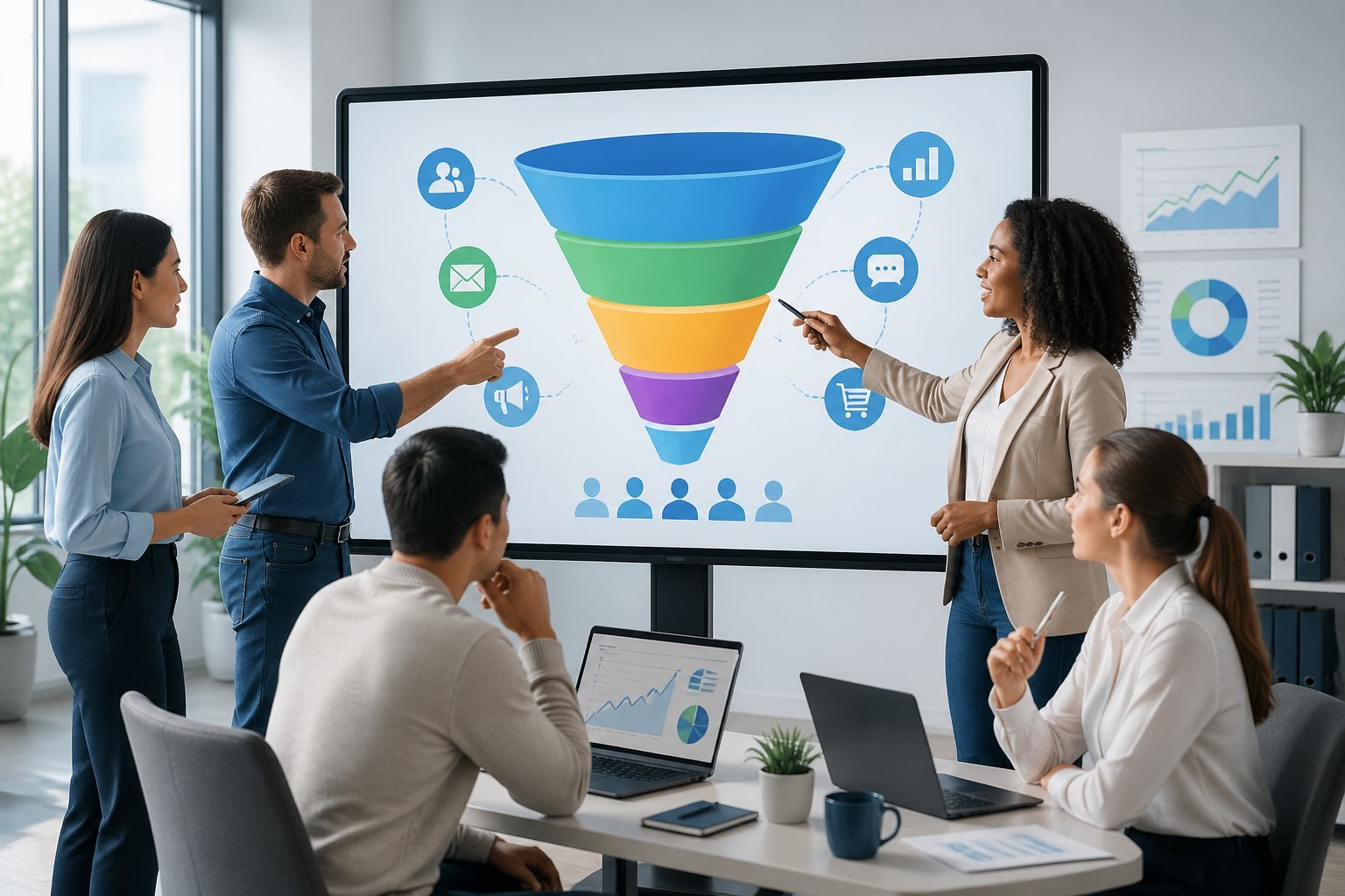 A group of business professionals collaborating around a digital display showing a colorful sales funnel graphic in a modern office.