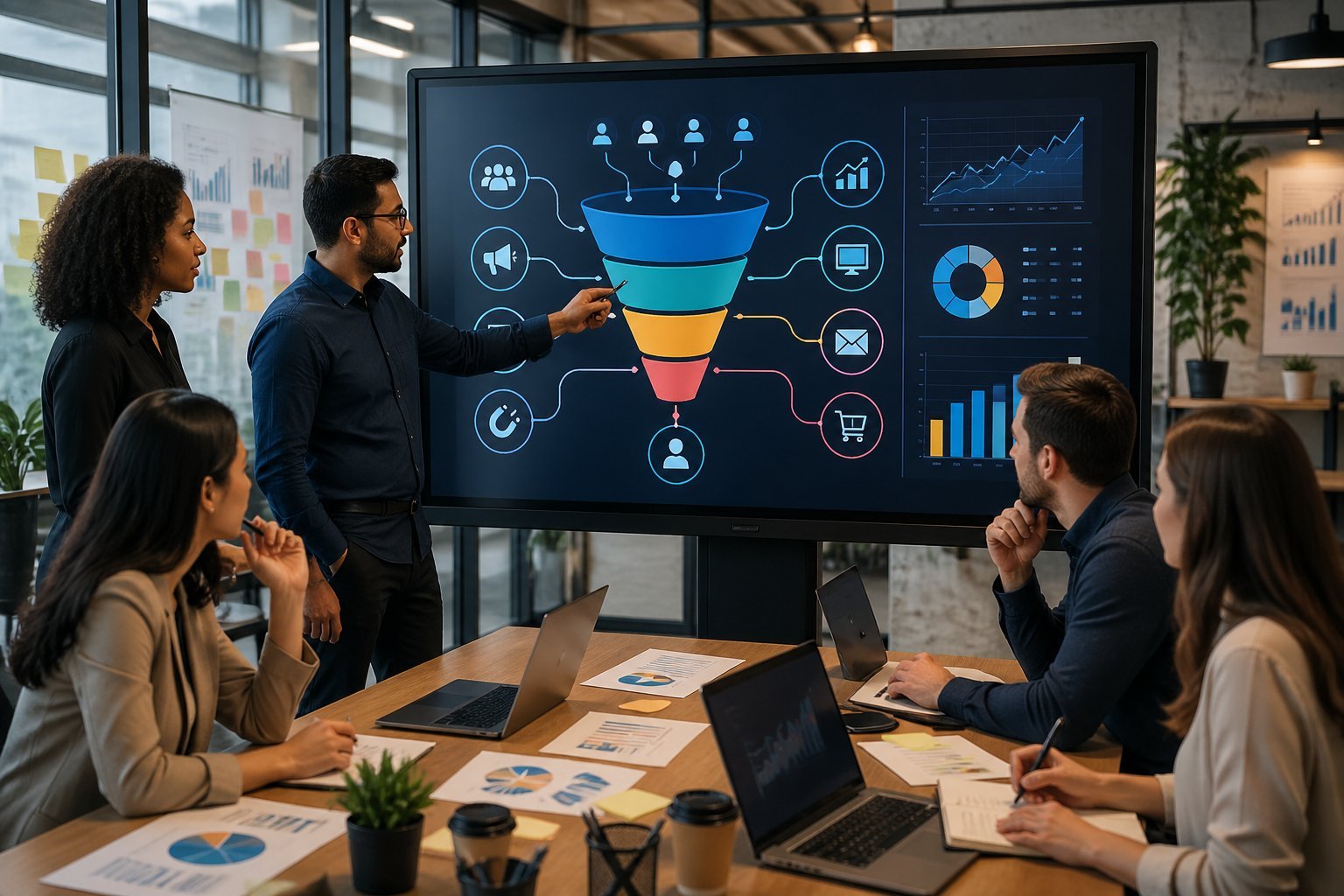 A team of marketing professionals collaborating around a digital display showing a sales funnel diagram in a modern office.
