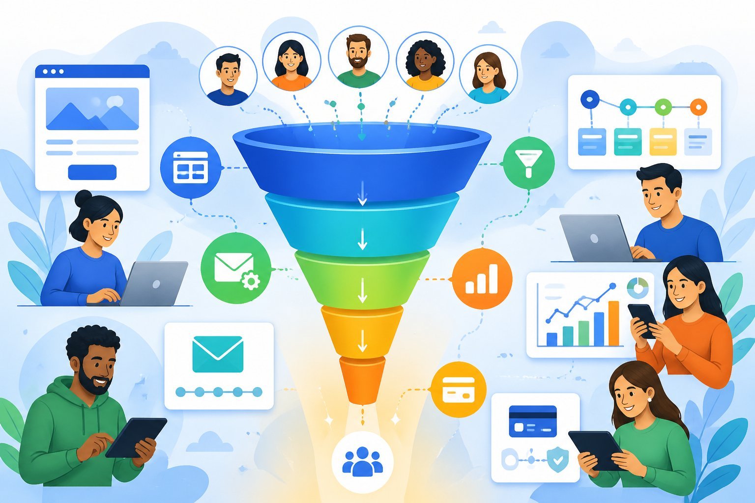 People using digital devices surrounded by icons representing marketing funnel features such as landing pages, email automation, sales pipelines, analytics, and payments.