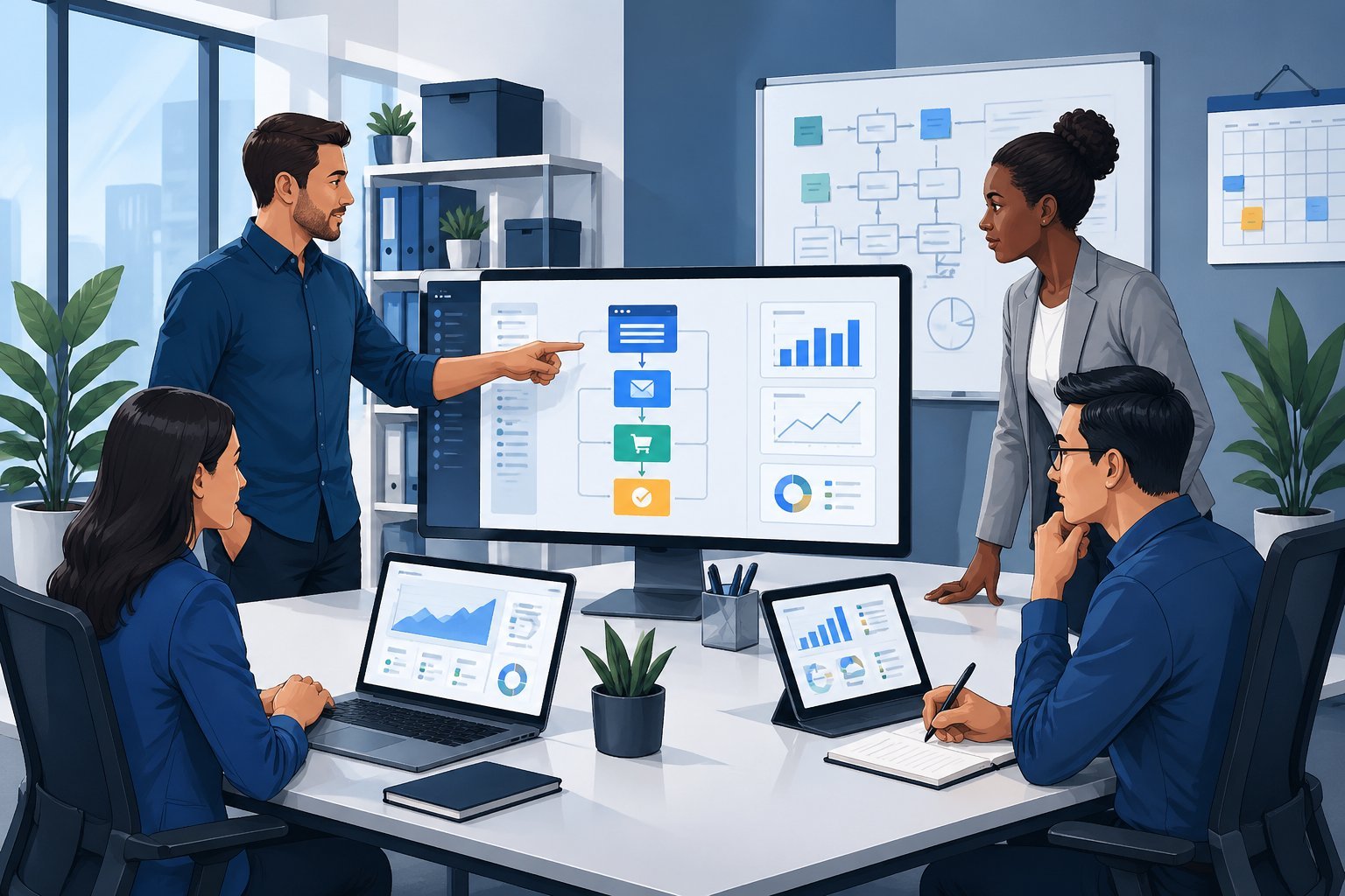 A team of professionals working together in an office with computer screens showing business charts and sales funnels.