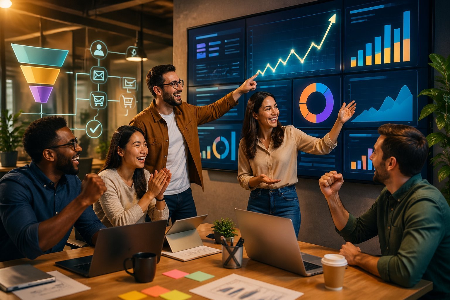 A group of entrepreneurs celebrating success in a modern office with screens showing rising graphs and digital funnel graphics.
