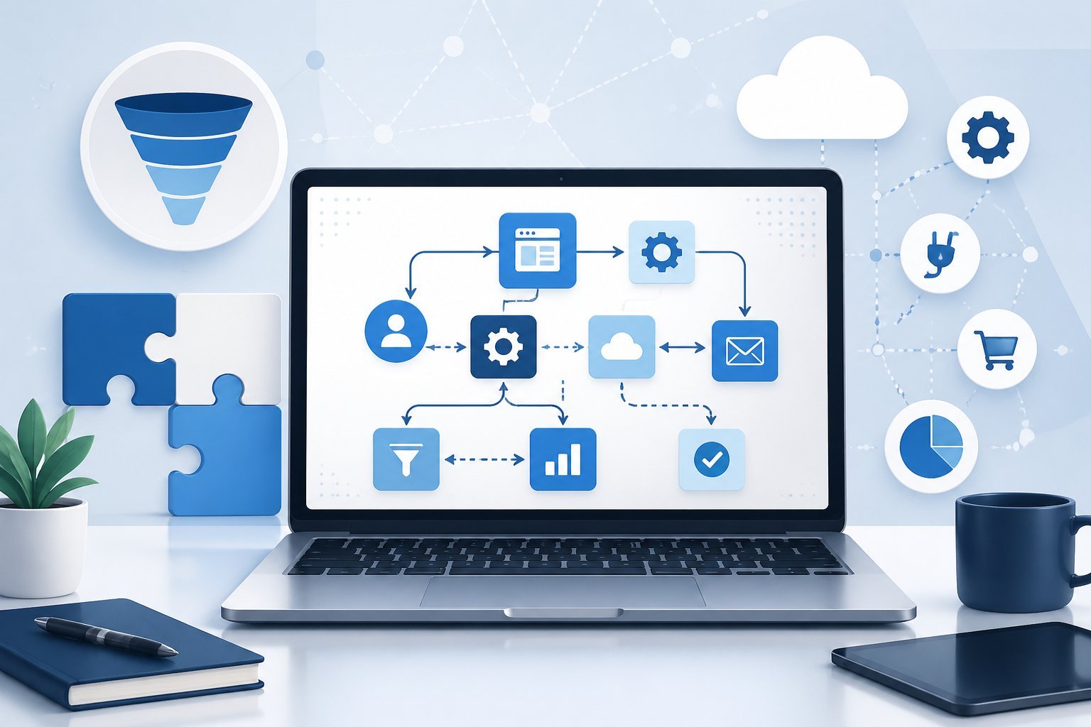 A workspace with a laptop showing interconnected flowcharts and automation icons representing digital integration and marketing funnels.