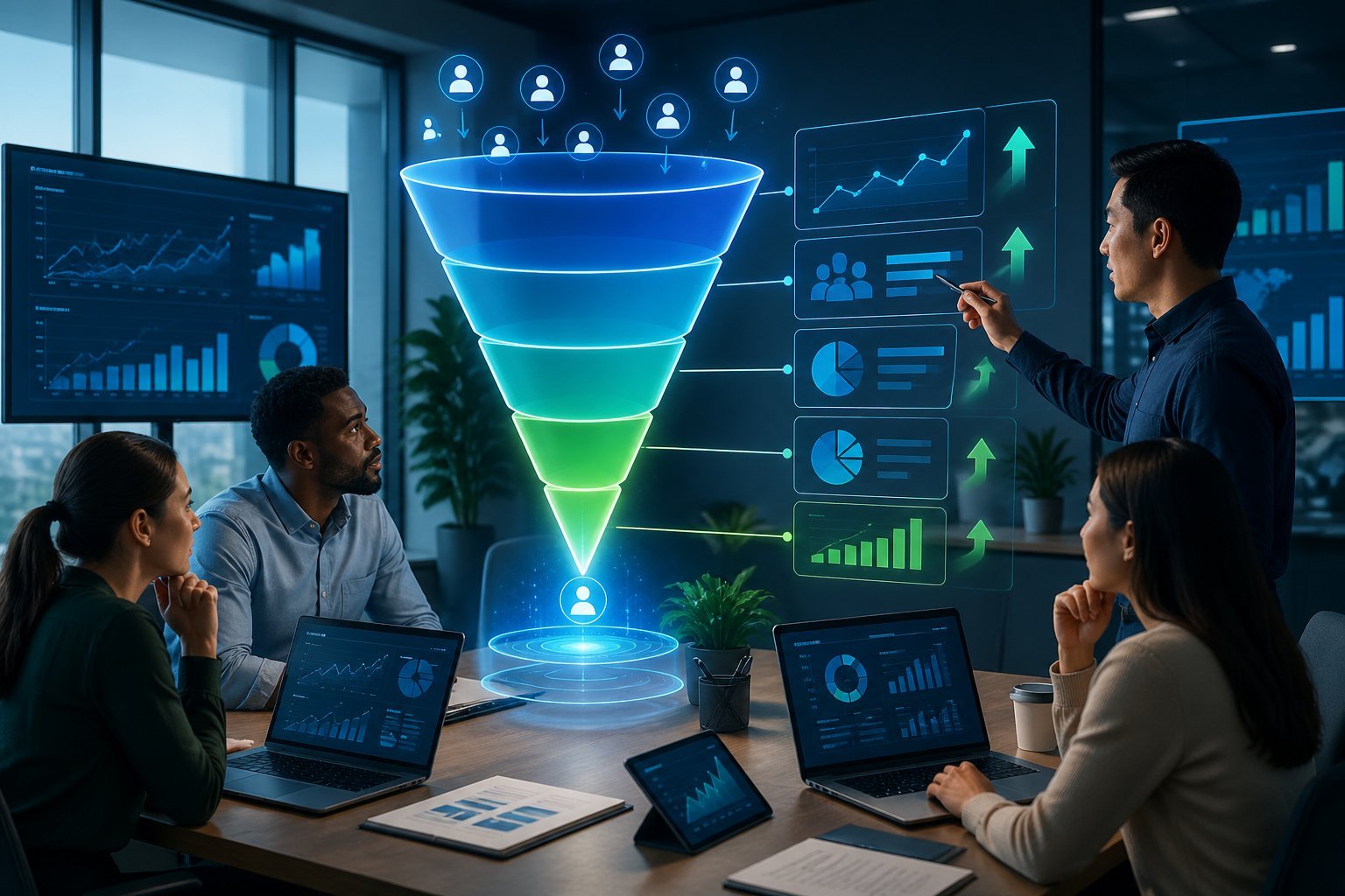 A team of marketing professionals collaborating around a large digital funnel diagram with charts and data in a modern office setting.