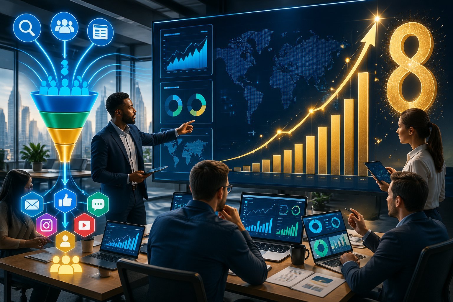 Business professionals collaborating around digital dashboards showing rising graphs and marketing icons in an office setting.