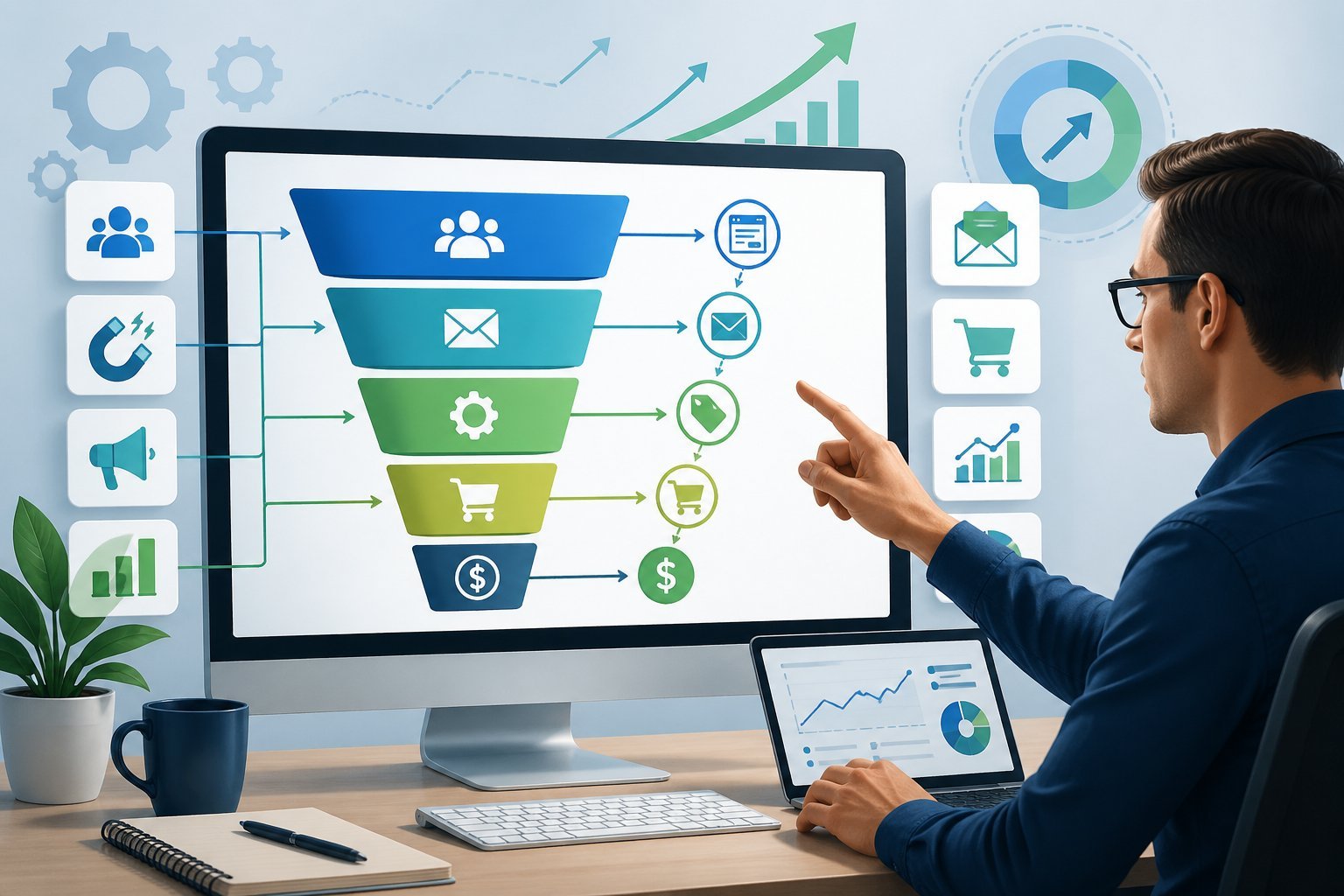 A person interacting with a computer screen showing a step-by-step sales funnel diagram surrounded by icons representing marketing and sales tools.