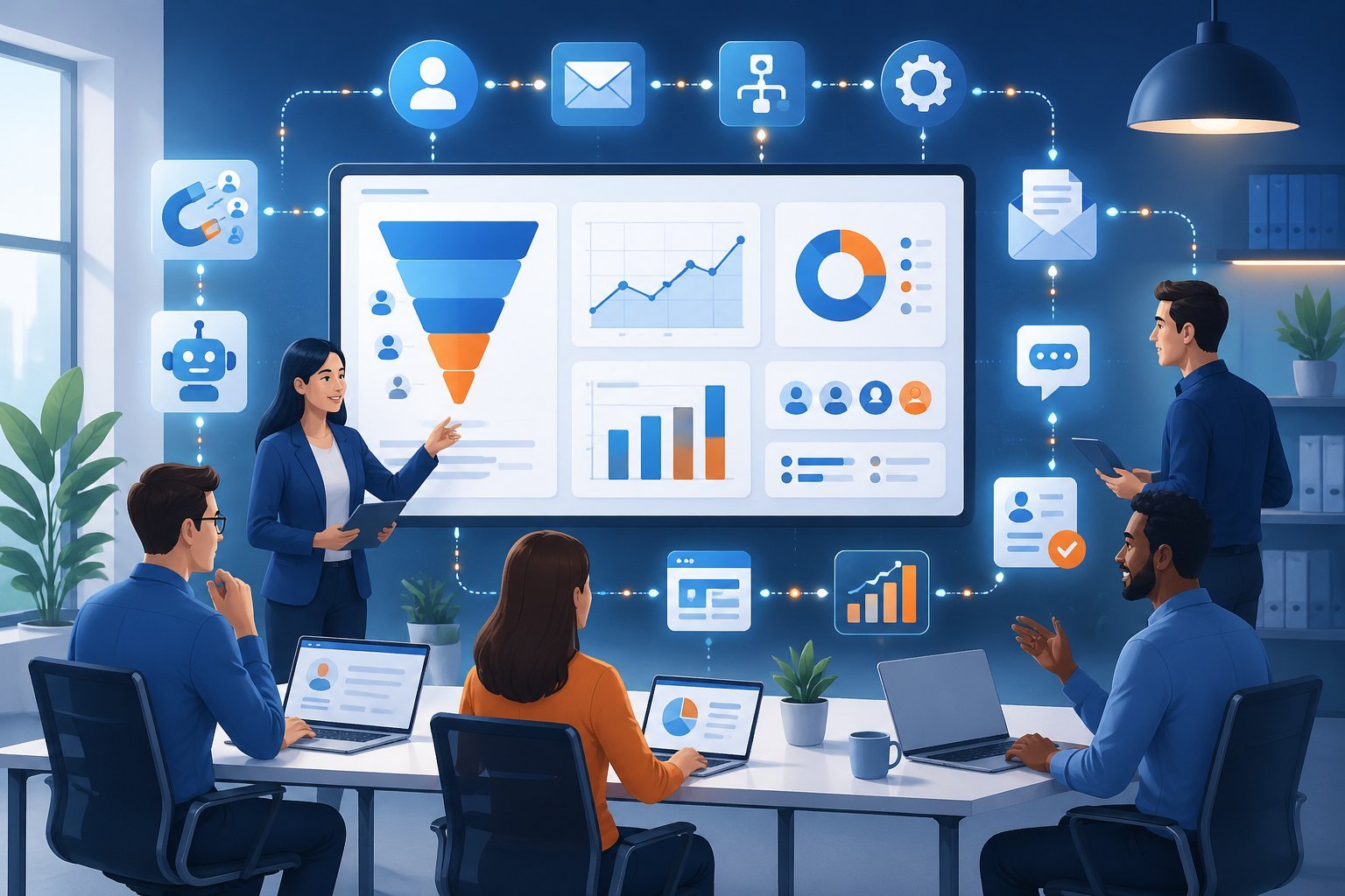 A team of marketing professionals working together around a digital dashboard showing marketing funnels and automated workflows in a modern office setting.