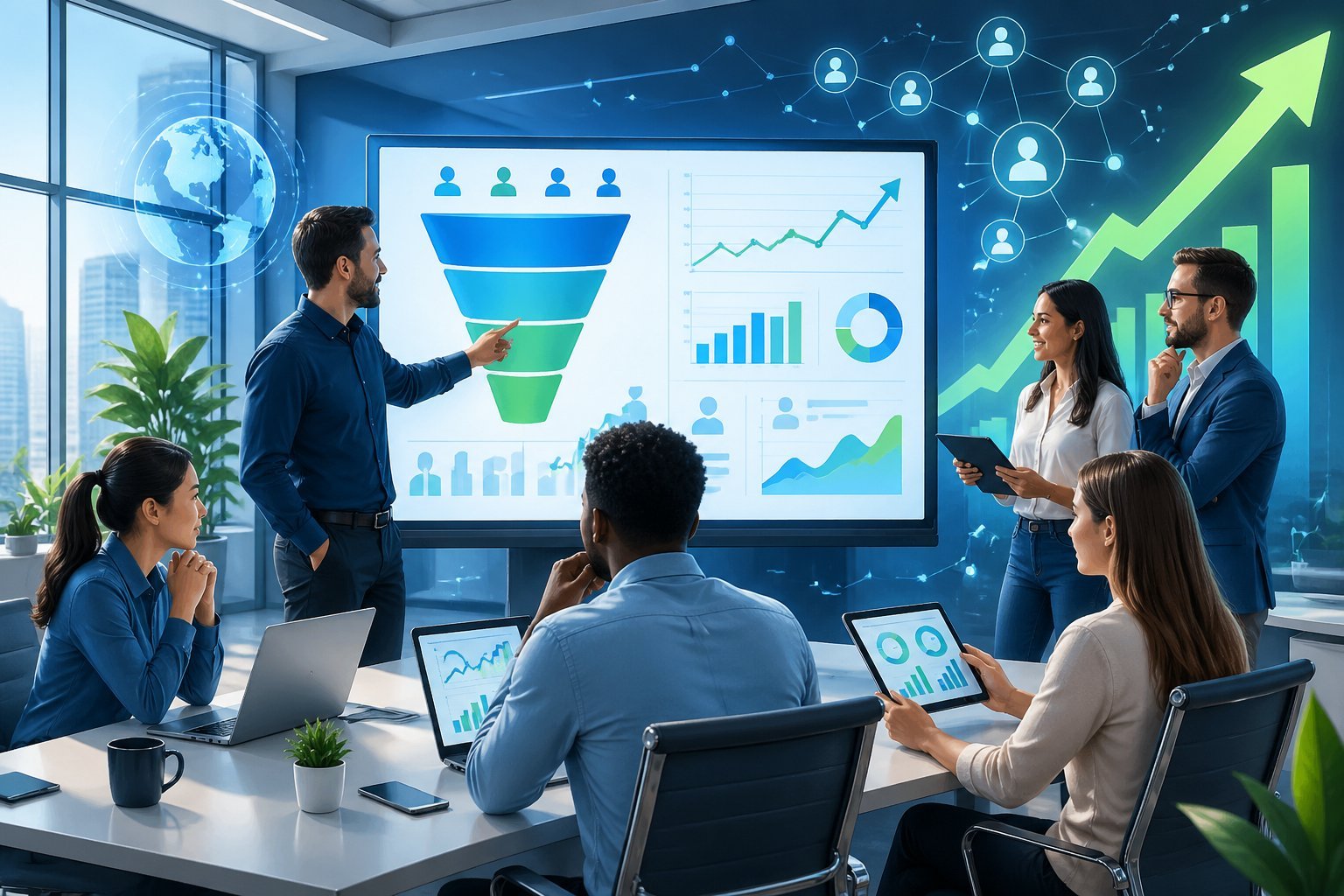 A team of professionals collaborating in an office with digital screens showing marketing funnels and growth charts.