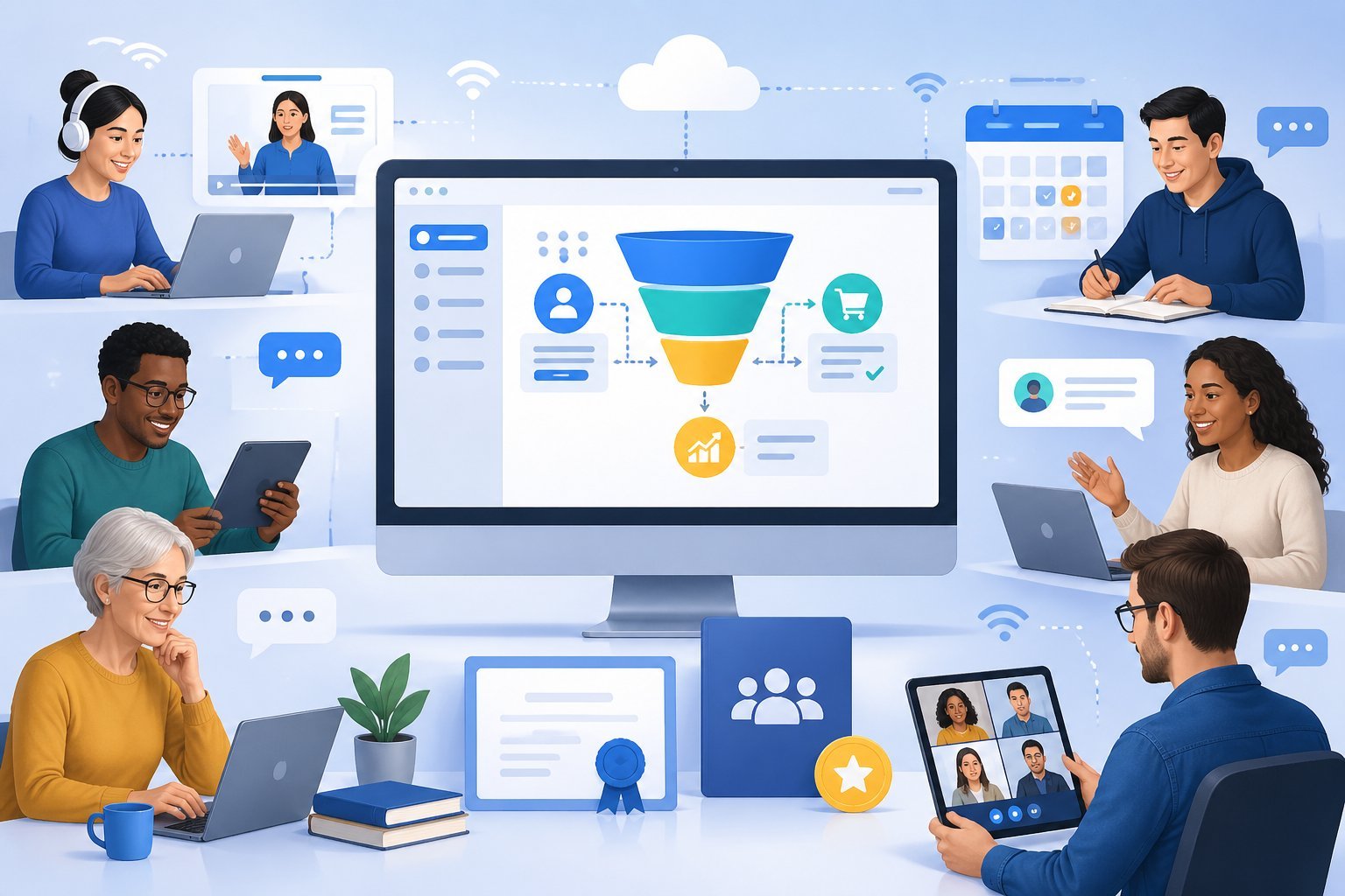 A group of diverse people engaged in an online learning session with a computer screen showing a simple funnel diagram and symbols representing courses, memberships, and online events.