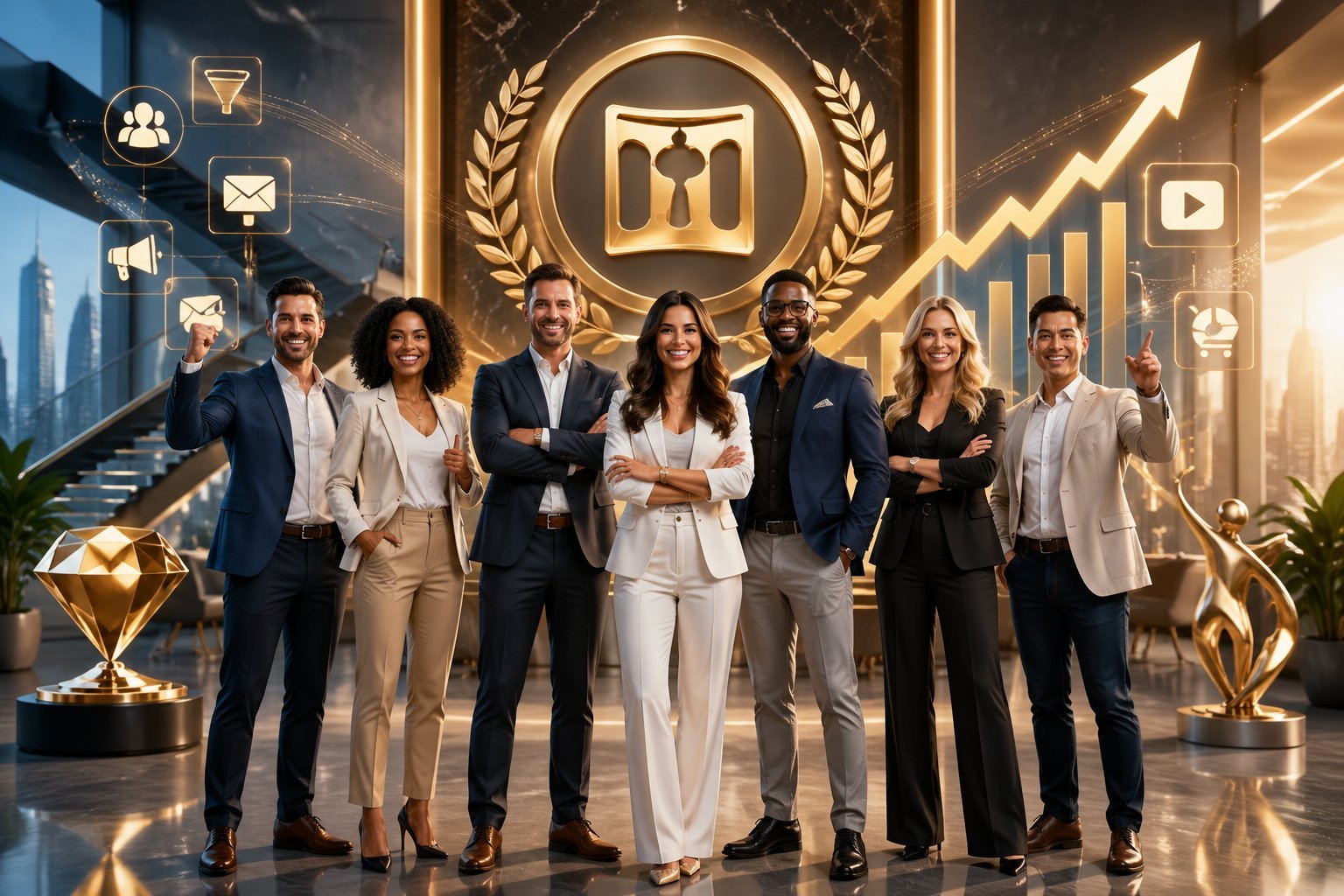 A group of diverse business professionals standing together in a modern office, surrounded by symbols of growth and success.