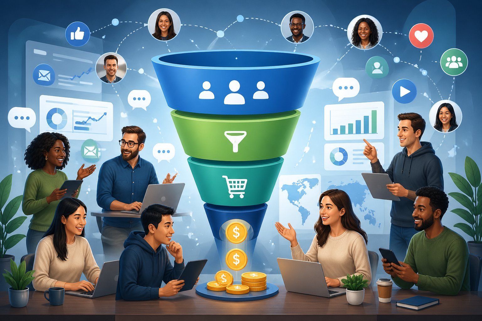 A diverse group of people collaborating around a large digital sales funnel graphic, using laptops and devices, connected by network lines and speech bubbles, representing affiliate marketing and community.