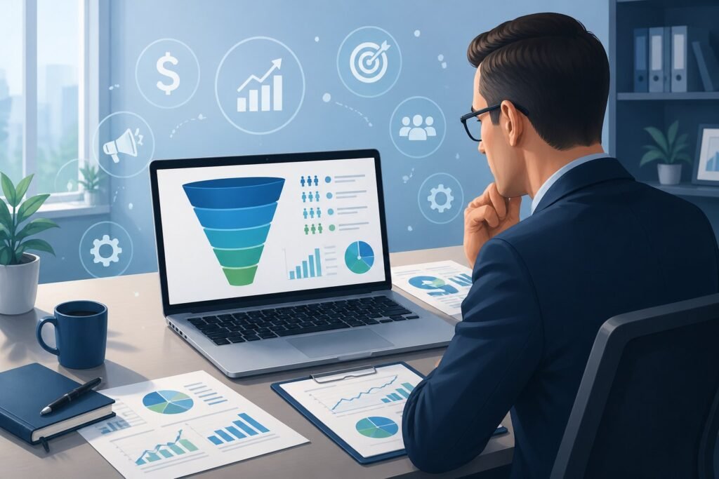 A financial advisor working at a desk with a laptop displaying a funnel-shaped infographic, surrounded by financial charts and documents in a modern office.