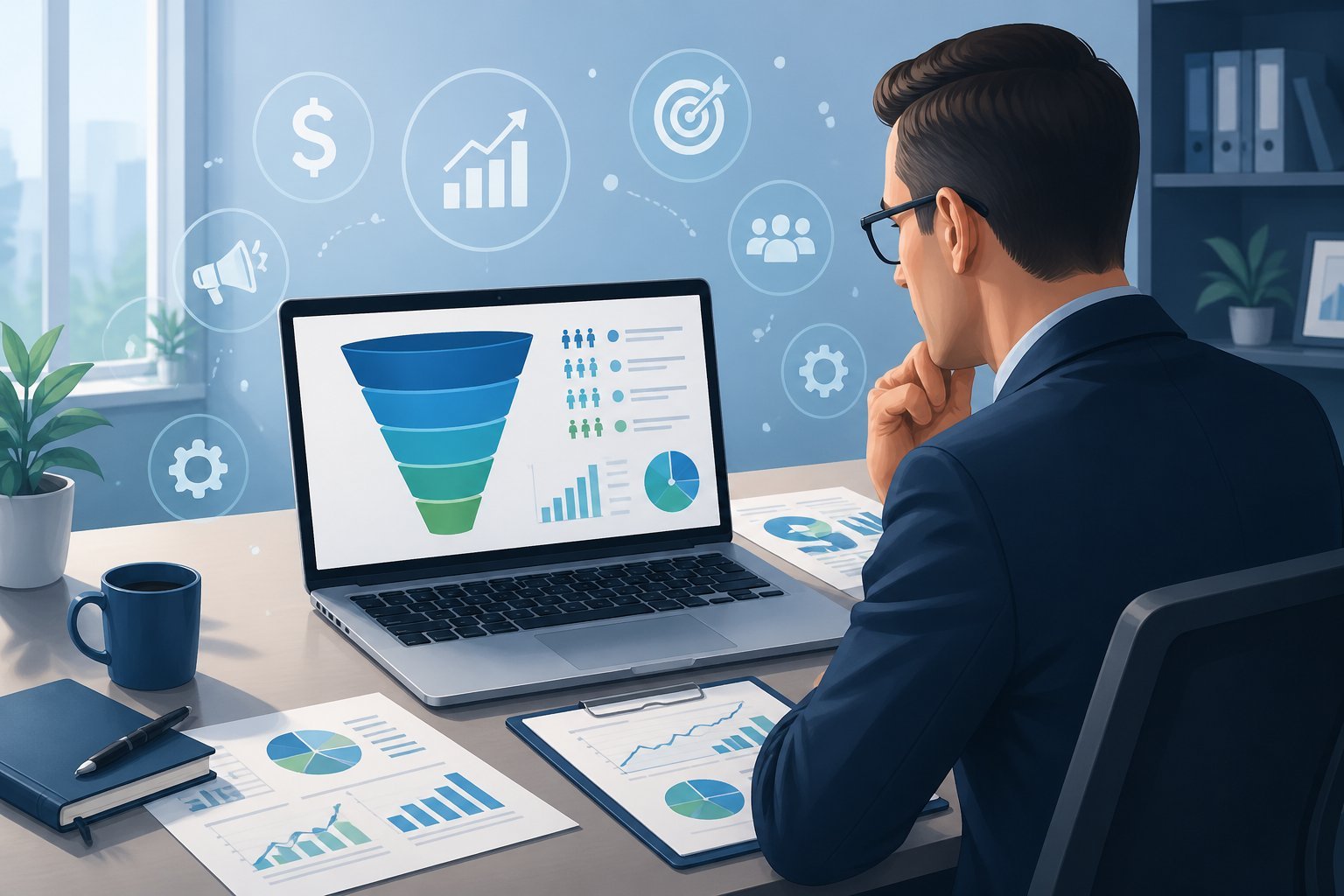 A financial advisor working at a desk with a laptop displaying a funnel-shaped infographic, surrounded by financial charts and documents in a modern office.