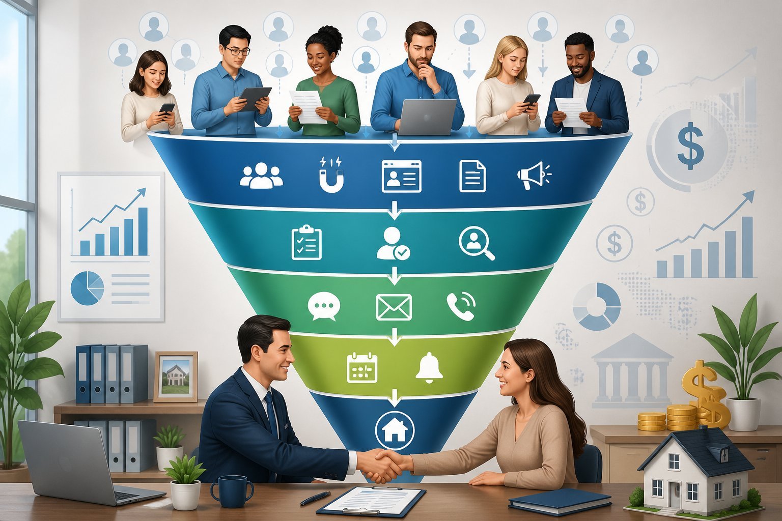 A sales funnel illustration showing potential clients entering a funnel that narrows through stages, ending with a loan officer shaking hands with a client in an office setting.
